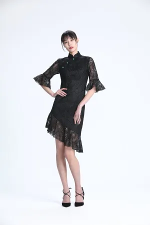 Black Lace Quarter Sleeves Qipao with Asymmetric Mermaid Hem