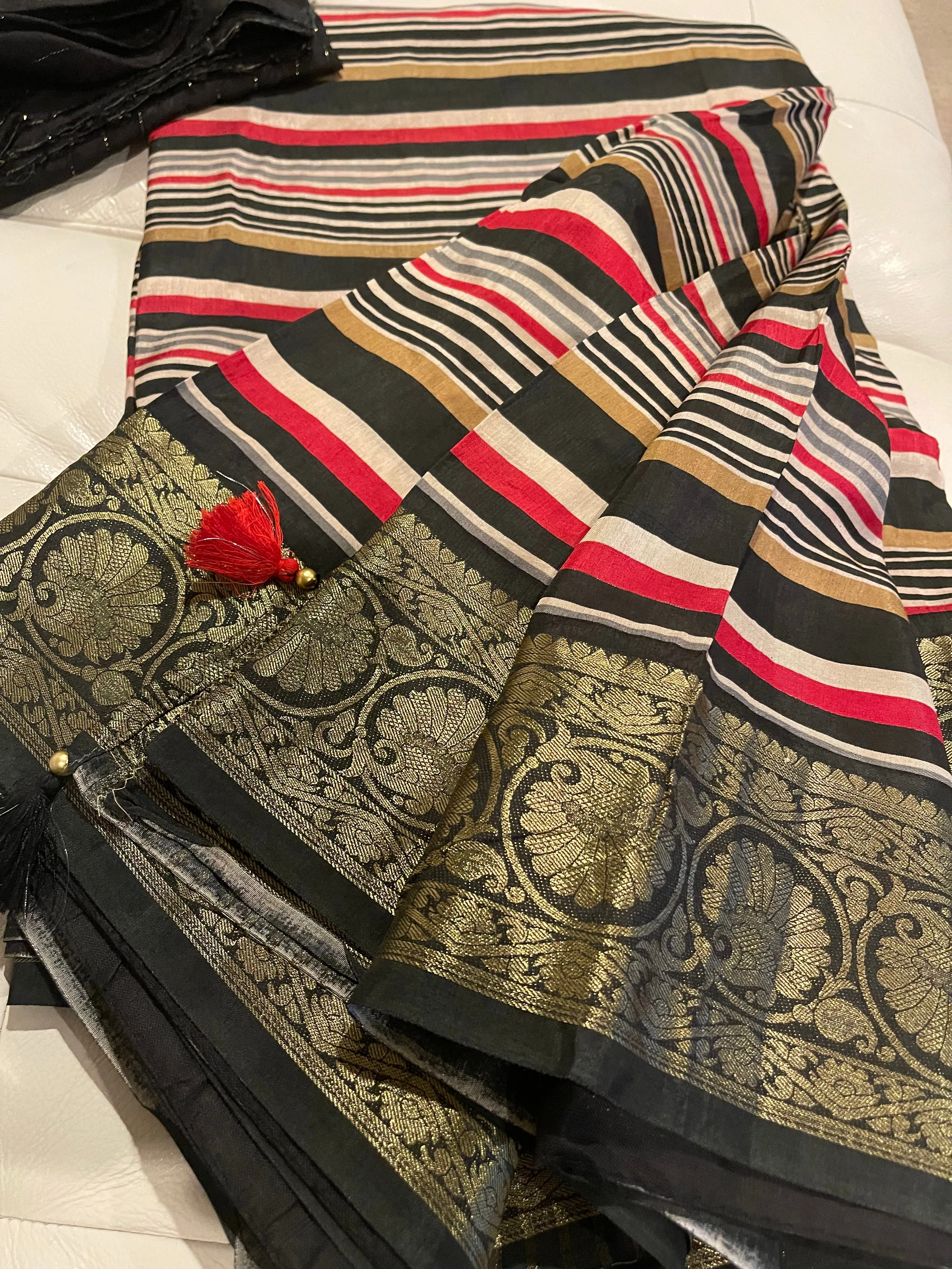 Black Multicolor Leheriya Striped Silk Saree