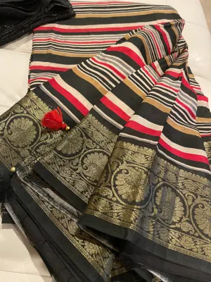 Black Multicolor Leheriya Striped Silk Saree