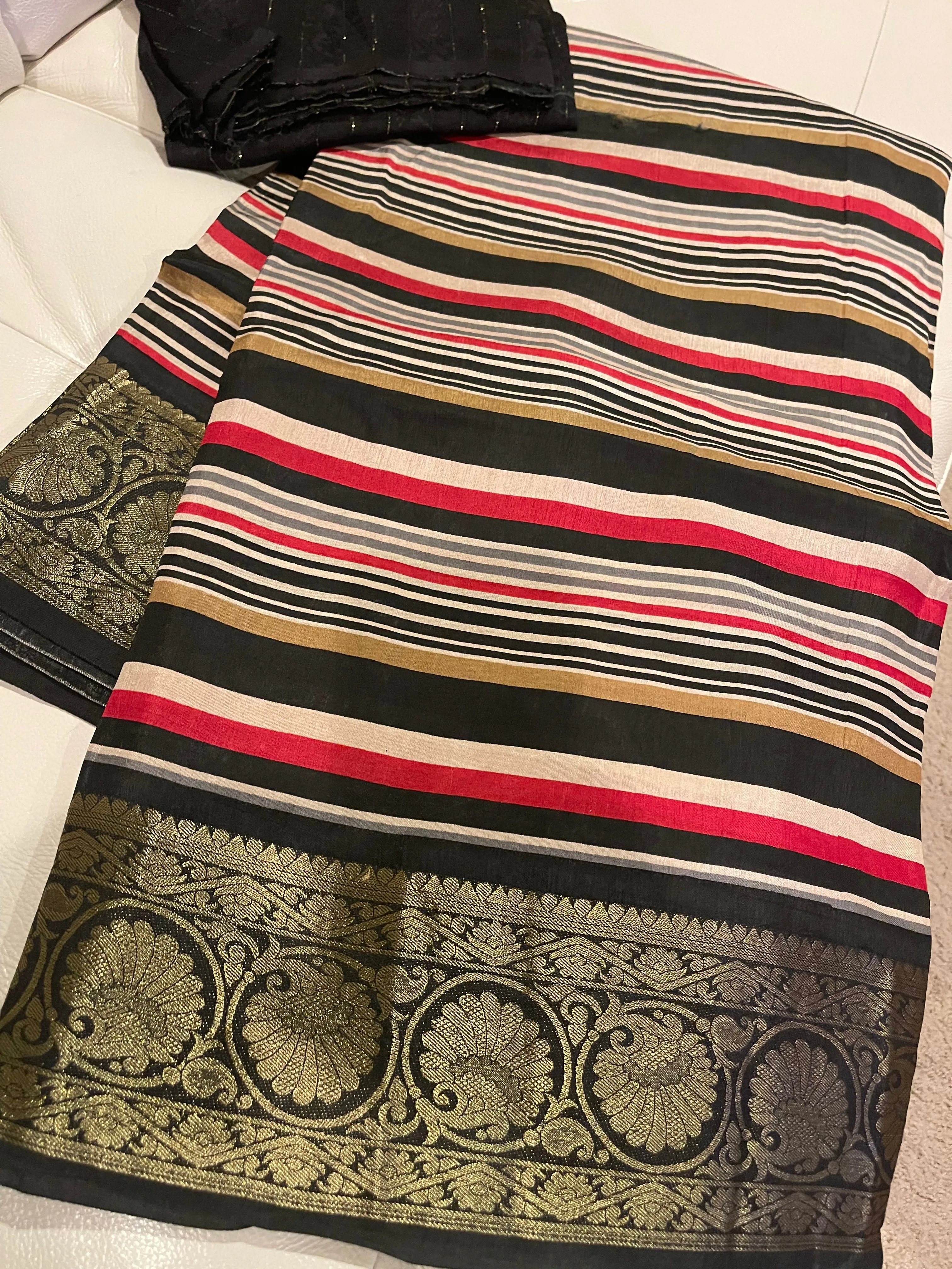 Black Multicolor Leheriya Striped Silk Saree