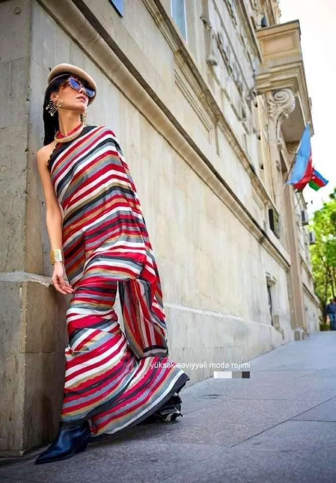 Black Multicolor Leheriya Striped Silk Saree