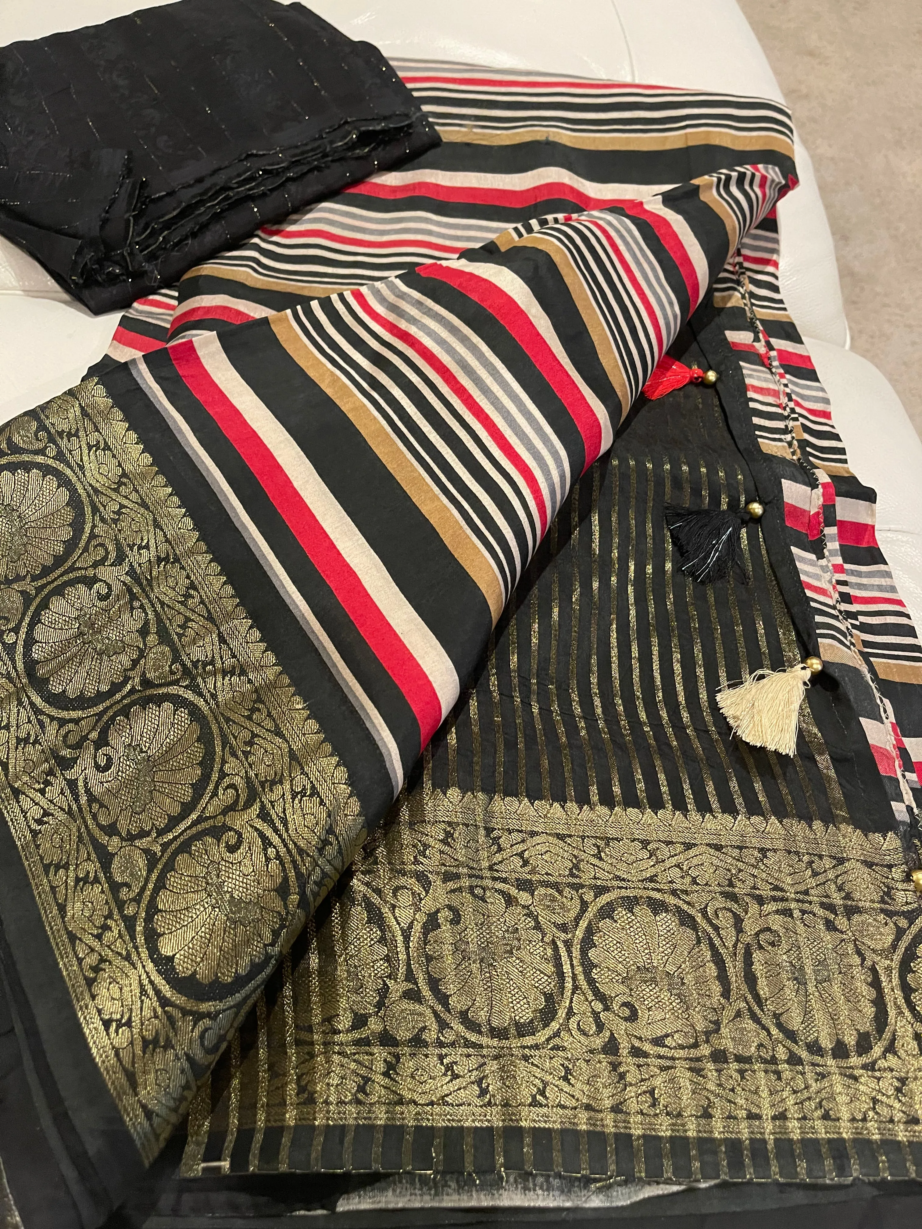 Black Multicolor Leheriya Striped Silk Saree