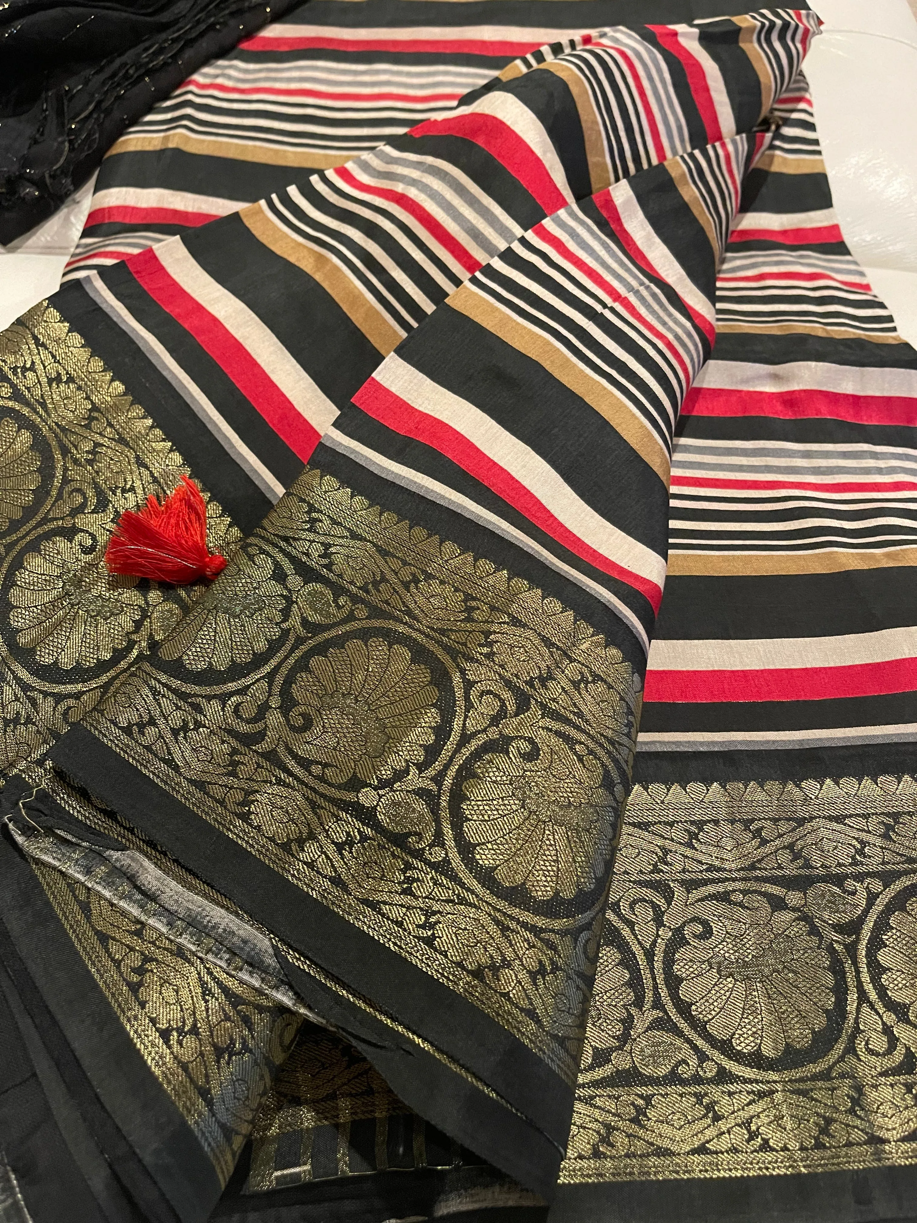 Black Multicolor Leheriya Striped Silk Saree
