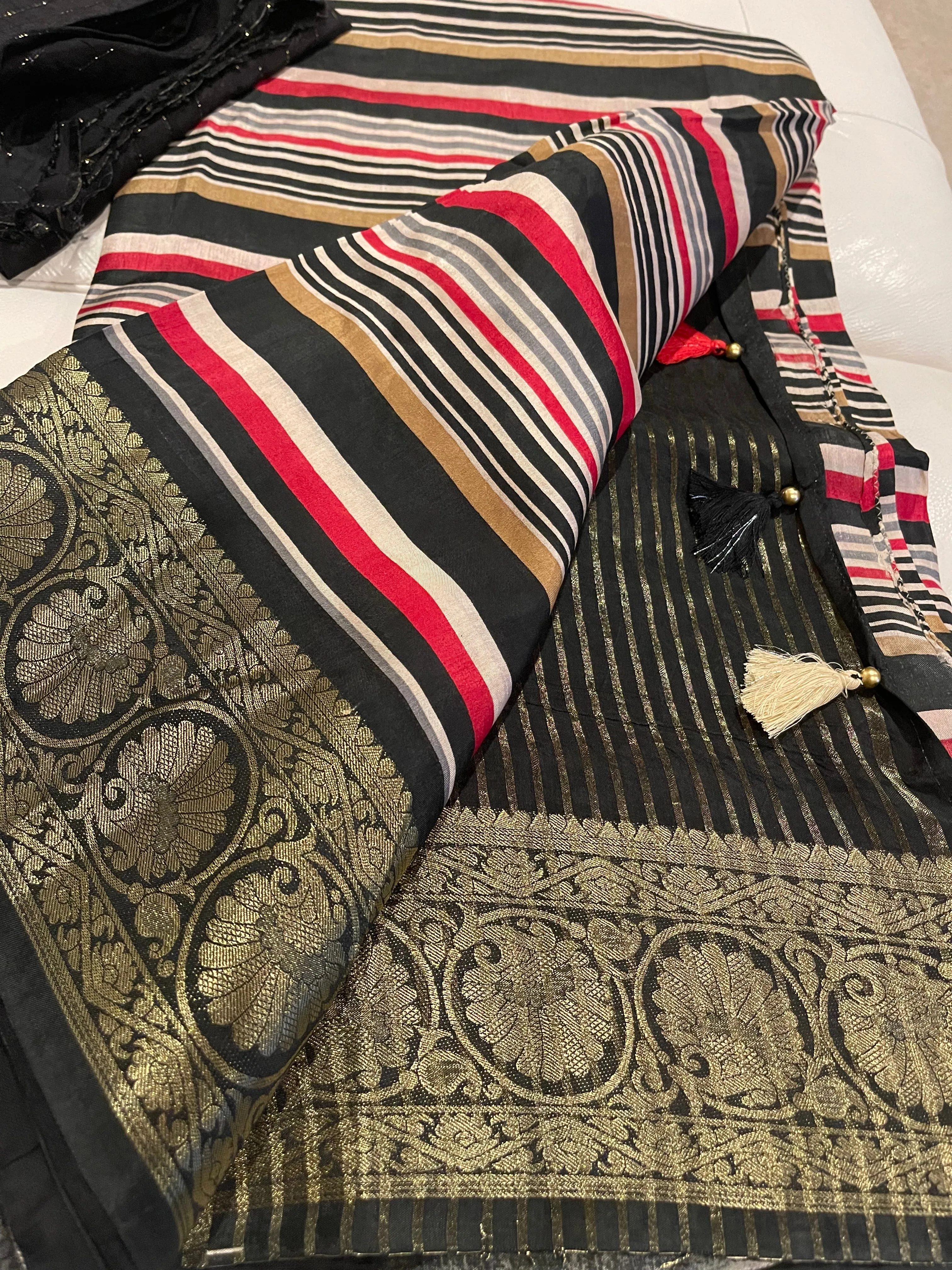 Black Multicolor Leheriya Striped Silk Saree