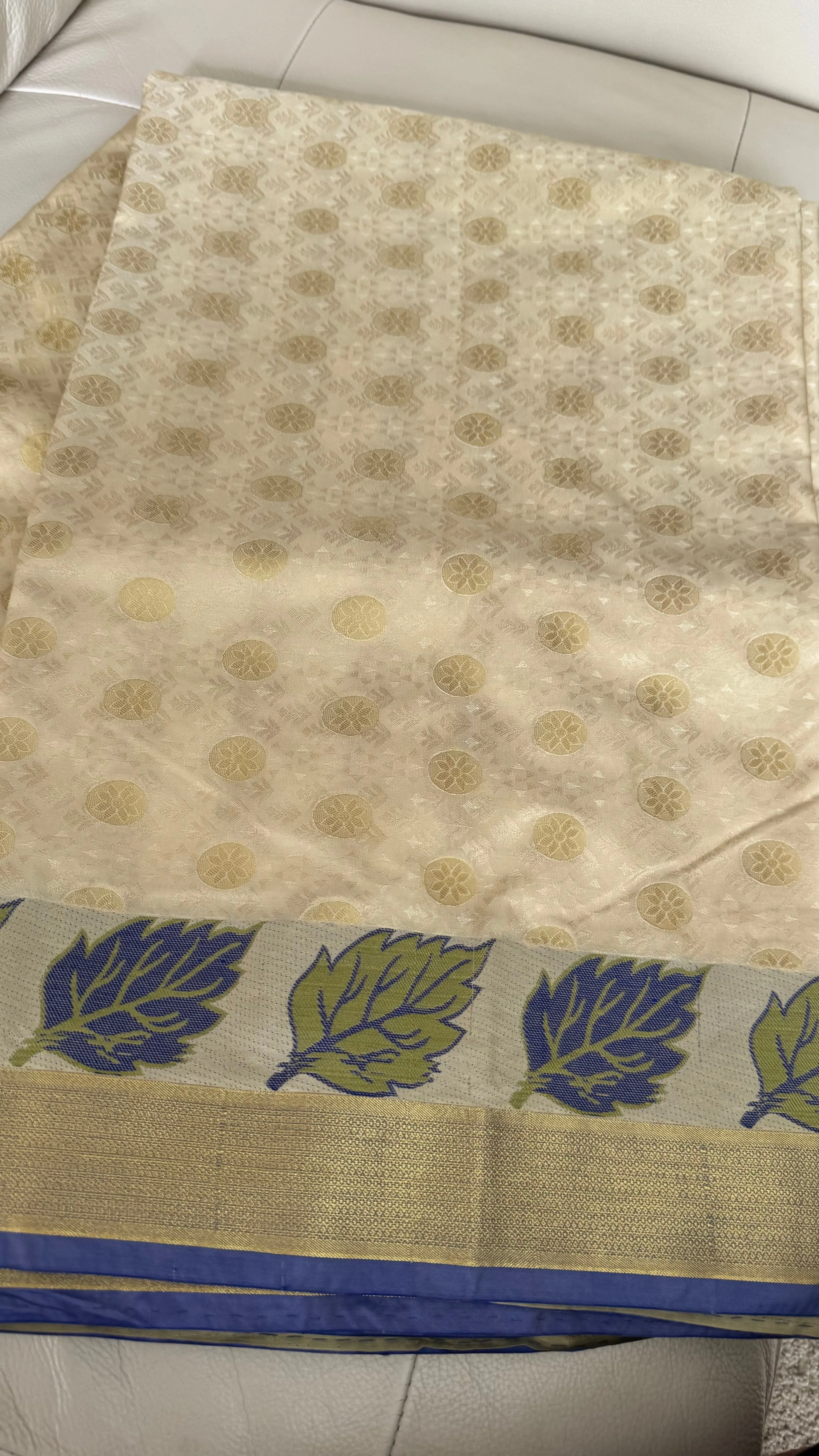 Blended Off White Floral Silk Saree with Blue