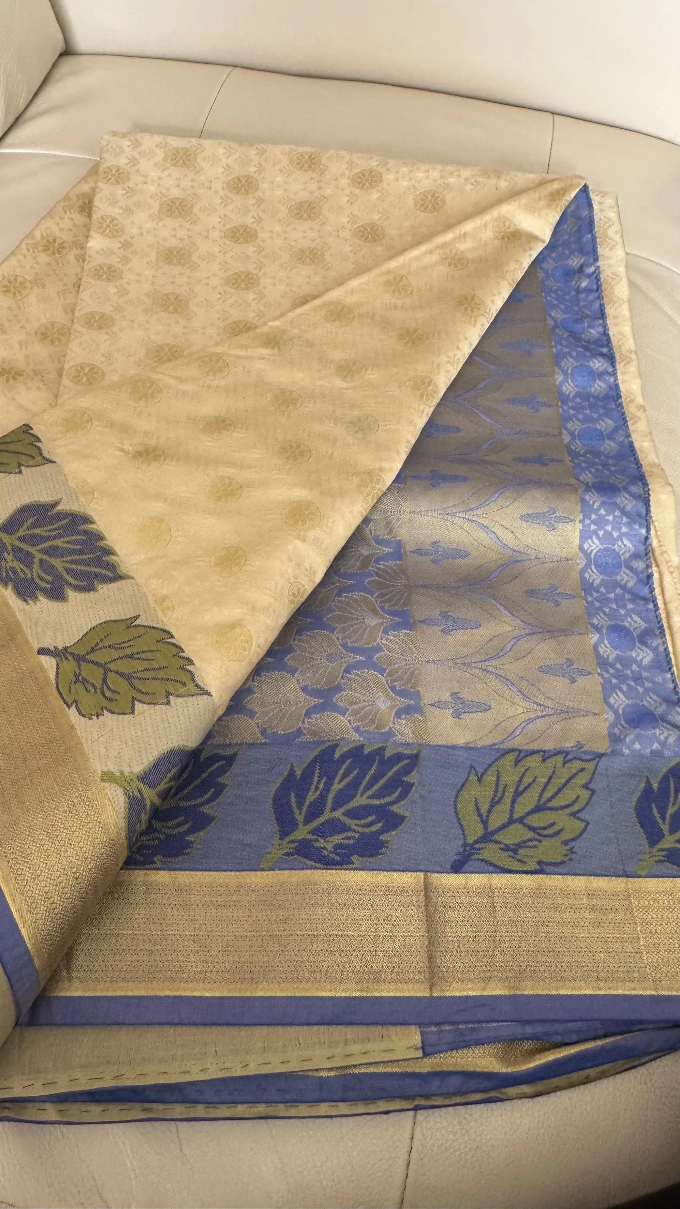 Blended Off White Floral Silk Saree with Blue