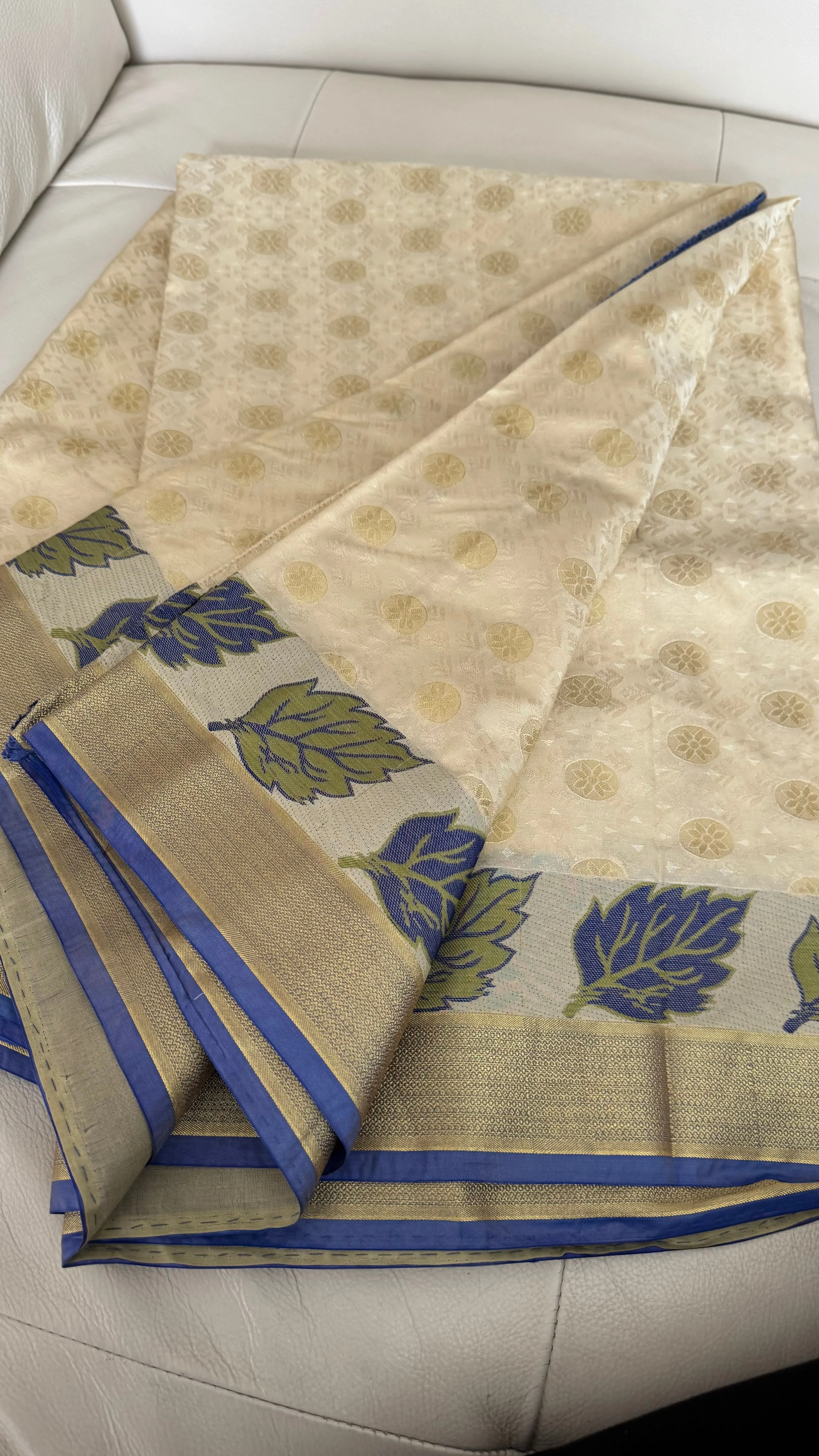 Blended Off White Floral Silk Saree with Blue