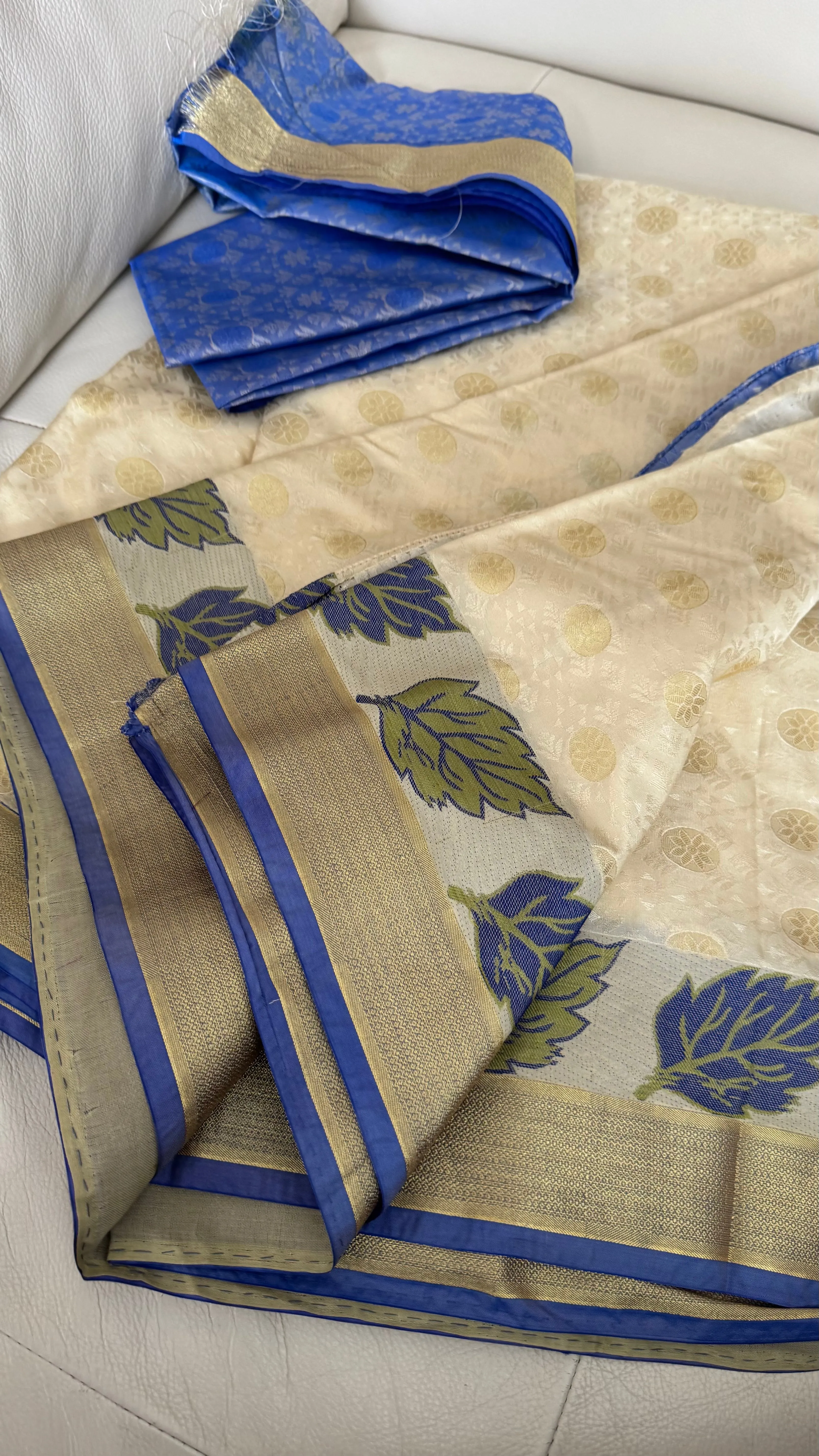 Blended Off White Floral Silk Saree with Blue