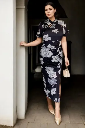 Cherie Plus Size Black Floral Cheongsam Chinese Dress