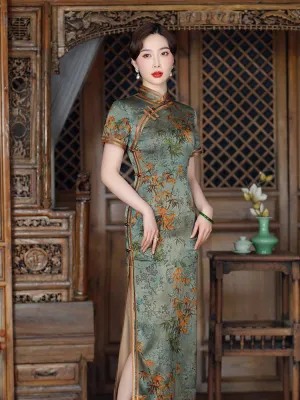 Chinese Style Vintage Bamboo Leaf and Flower Printed Cheongsam Dress for Women in Light Aqua Green Traditional Color
