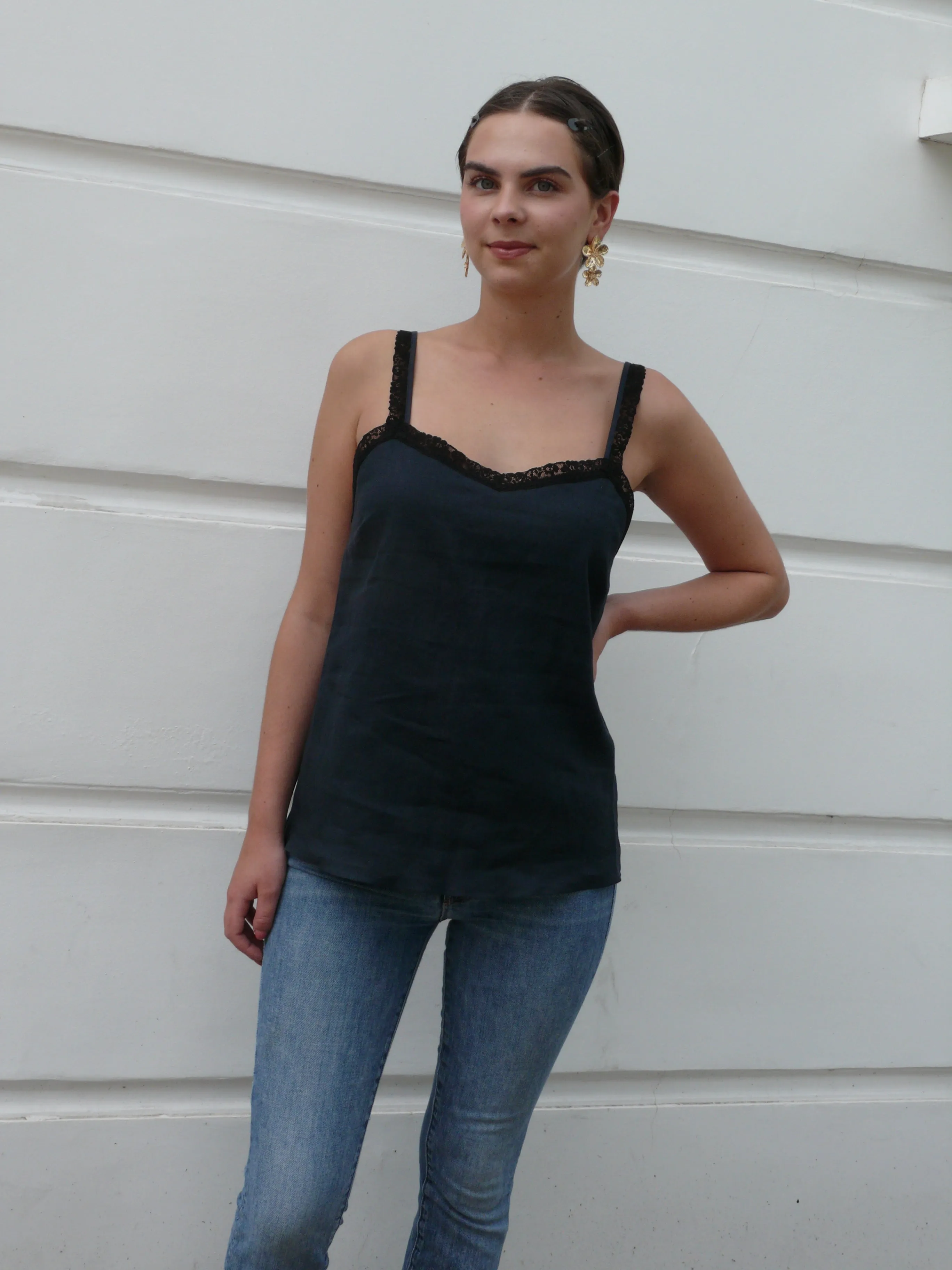 Elspeth  Linen Camisole with Flower Guipure trim