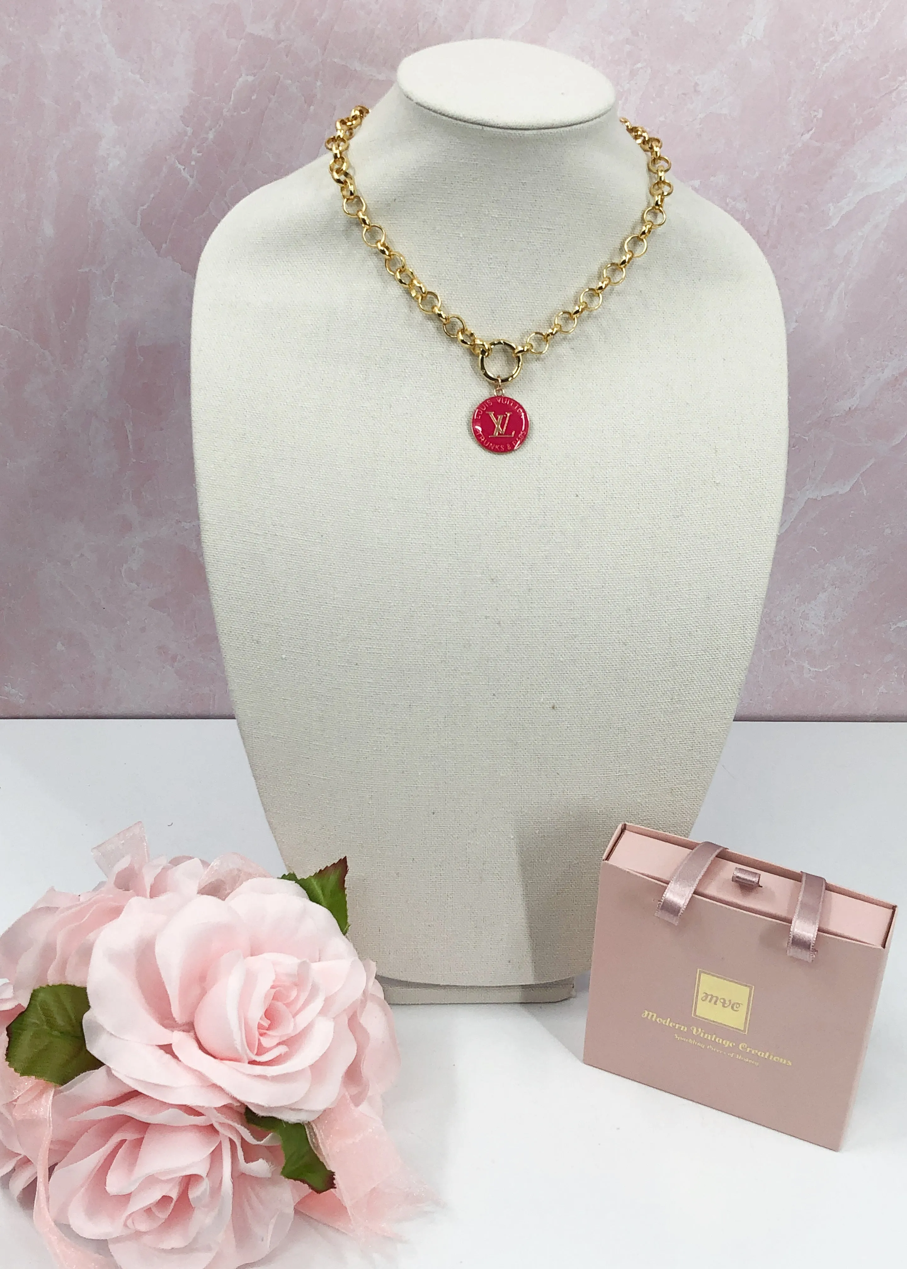 Heather Hot Pink and Gold Vintage Louis Vuitton Zipper Pull Necklace- Modern Vintage Necklace