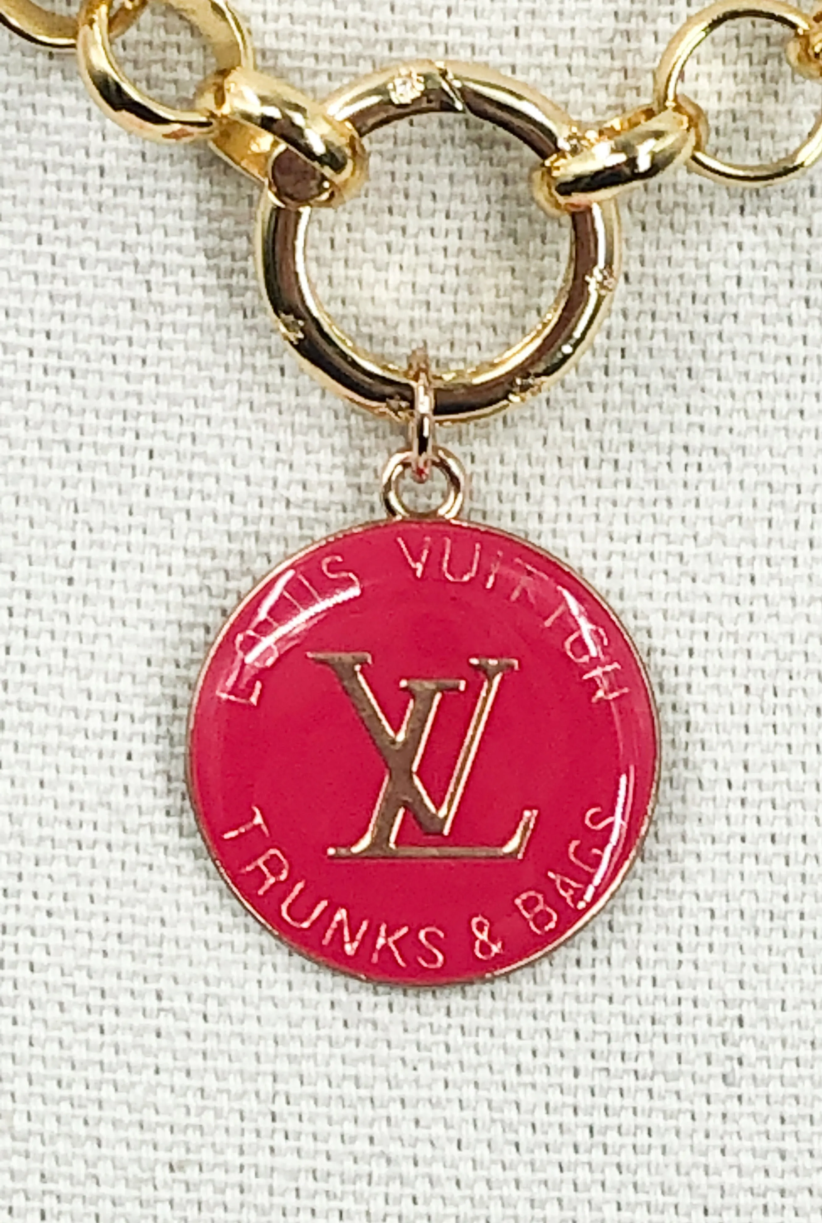 Heather Hot Pink and Gold Vintage Louis Vuitton Zipper Pull Necklace- Modern Vintage Necklace