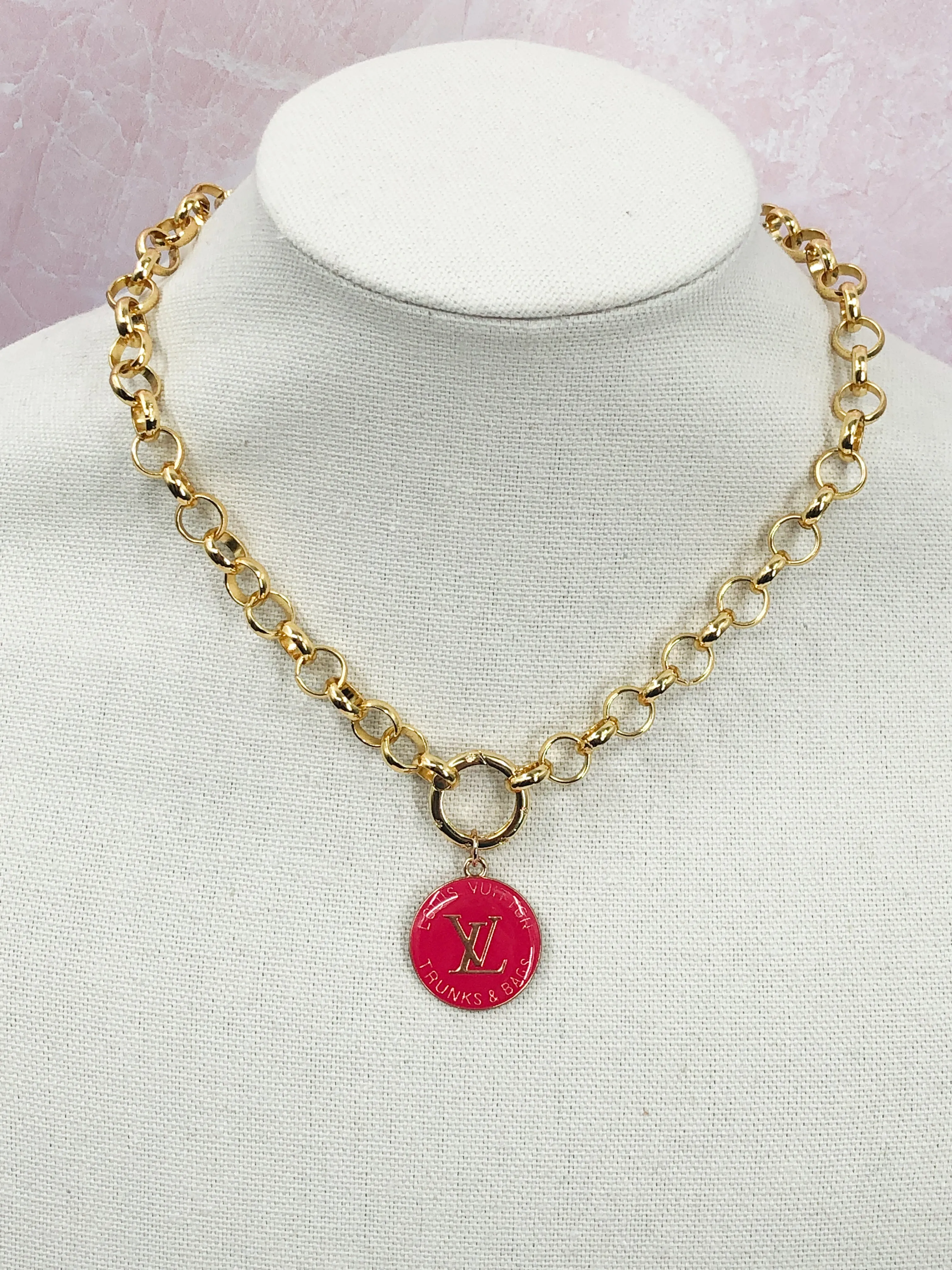 Heather Hot Pink and Gold Vintage Louis Vuitton Zipper Pull Necklace- Modern Vintage Necklace
