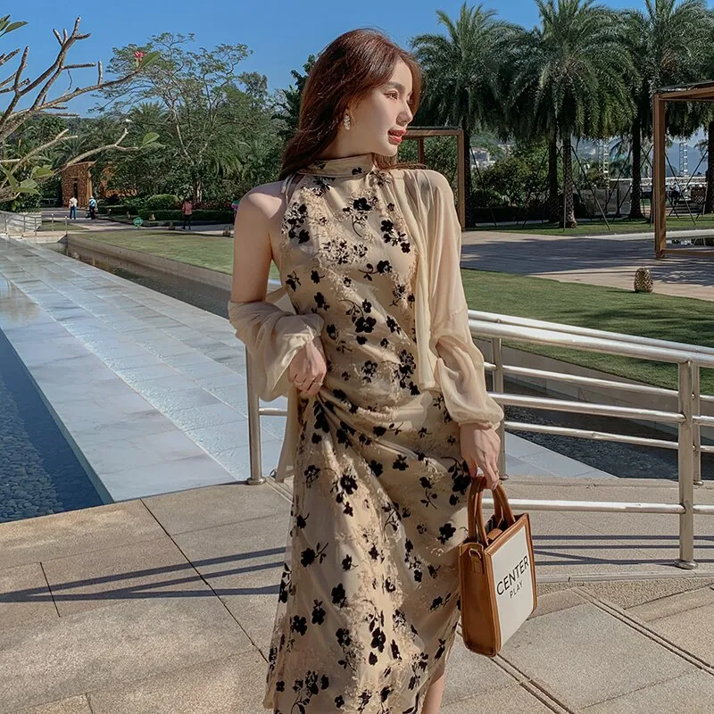 NEW Women Floral Cheongsam Dress, Thin Cardigan, Summer 2022 Runway Elegant Y2k Wrap Qipao Dress Party Night Long Vestidos