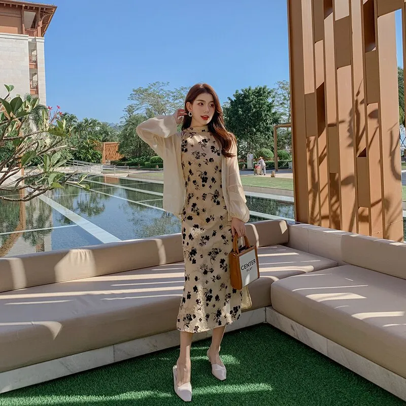 NEW Women Floral Cheongsam Dress, Thin Cardigan, Summer 2022 Runway Elegant Y2k Wrap Qipao Dress Party Night Long Vestidos