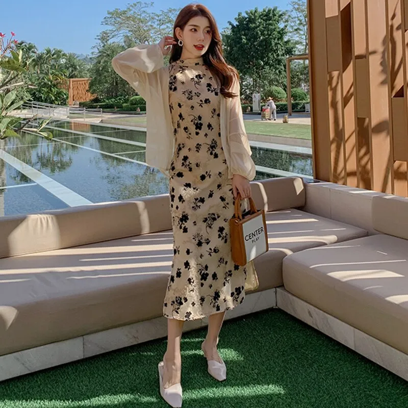 NEW Women Floral Cheongsam Dress, Thin Cardigan, Summer 2022 Runway Elegant Y2k Wrap Qipao Dress Party Night Long Vestidos