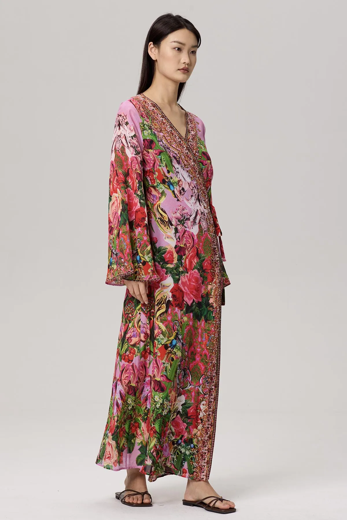 Nia Flower Print Wrap Maxi Silk Dress