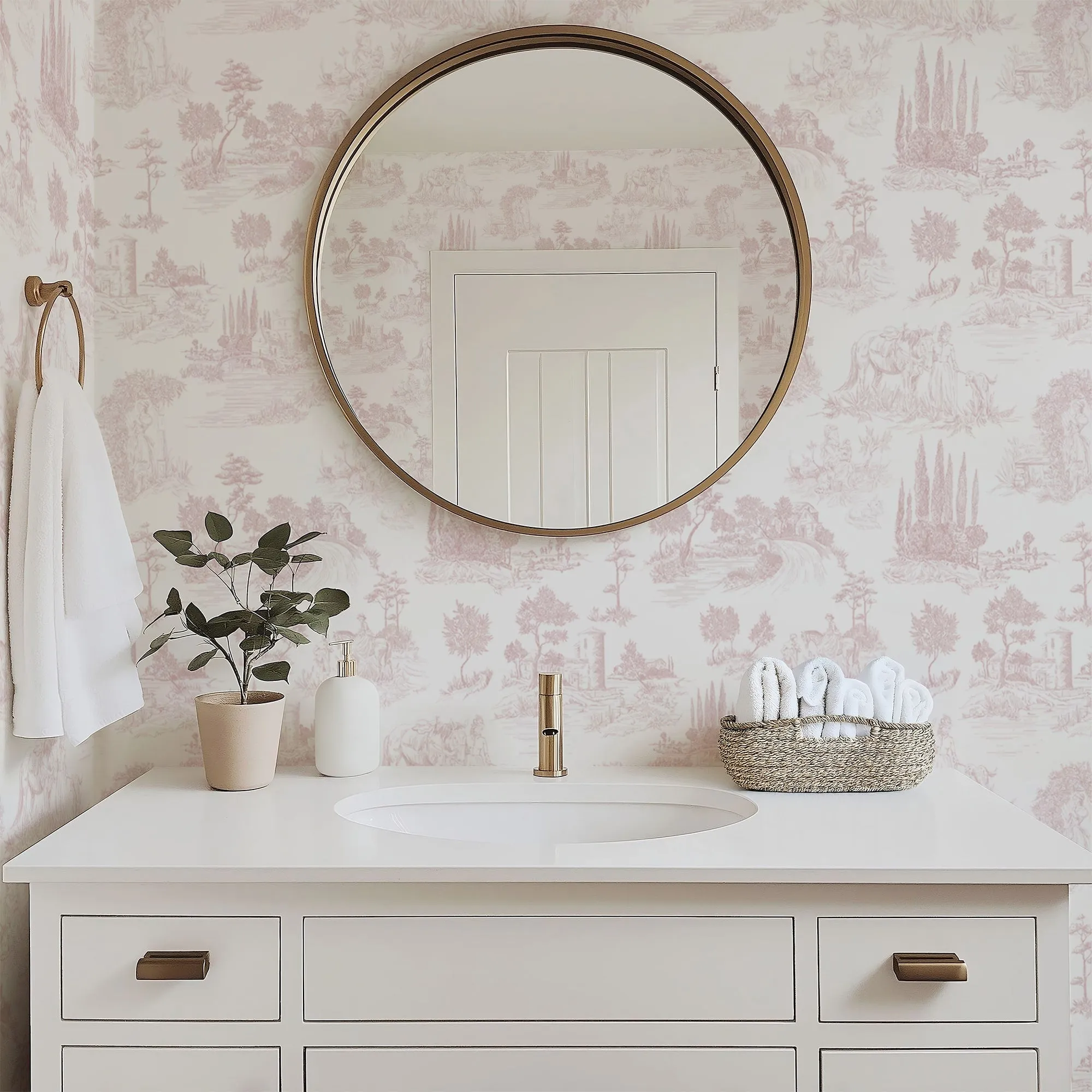 Pastoral Romance – Pale Pink Toile Landscape Wallpaper