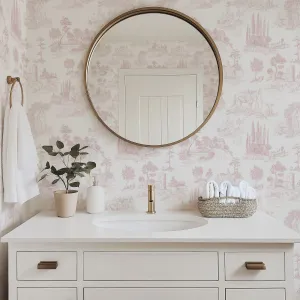 Pastoral Romance – Pale Pink Toile Landscape Wallpaper