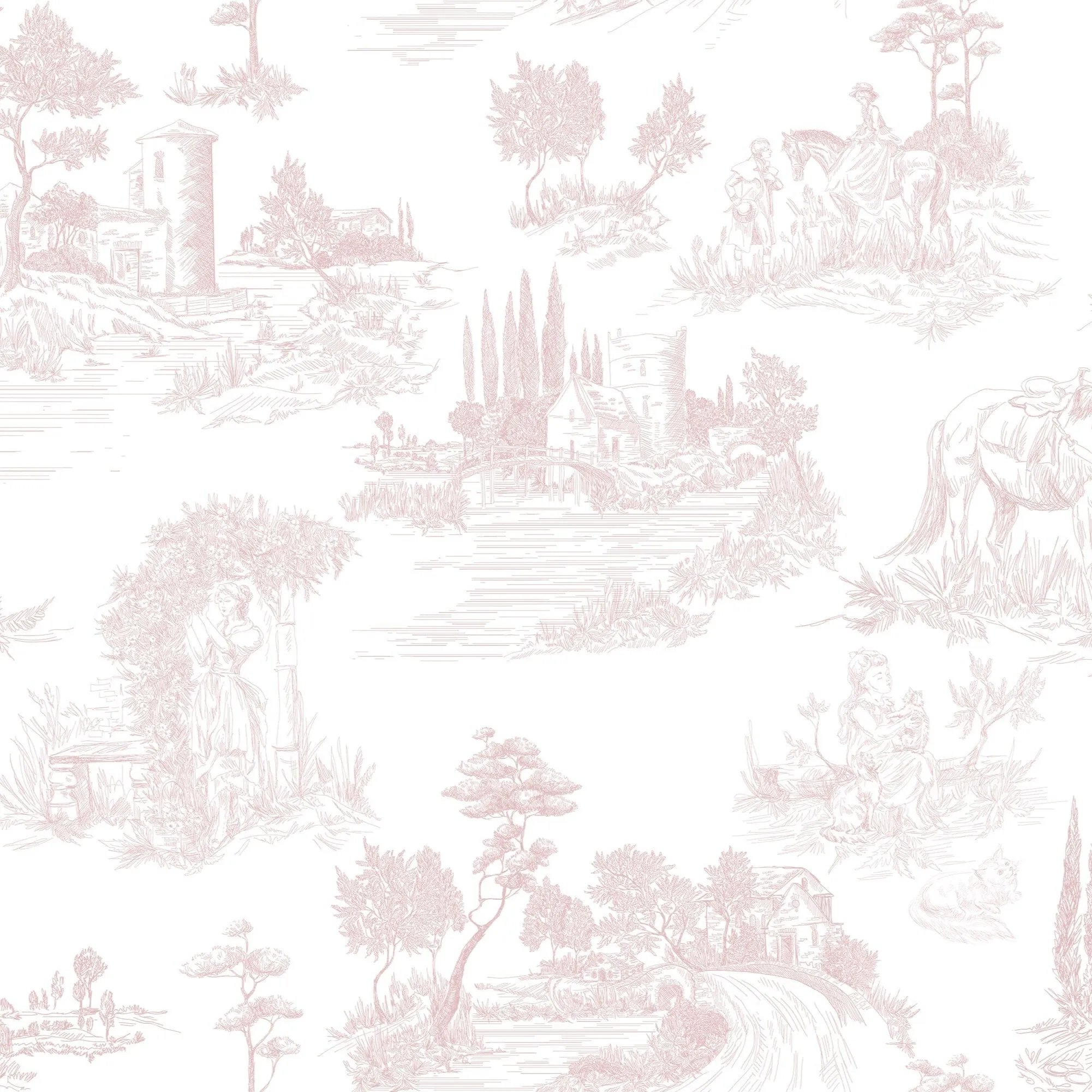 Pastoral Romance – Pale Pink Toile Landscape Wallpaper