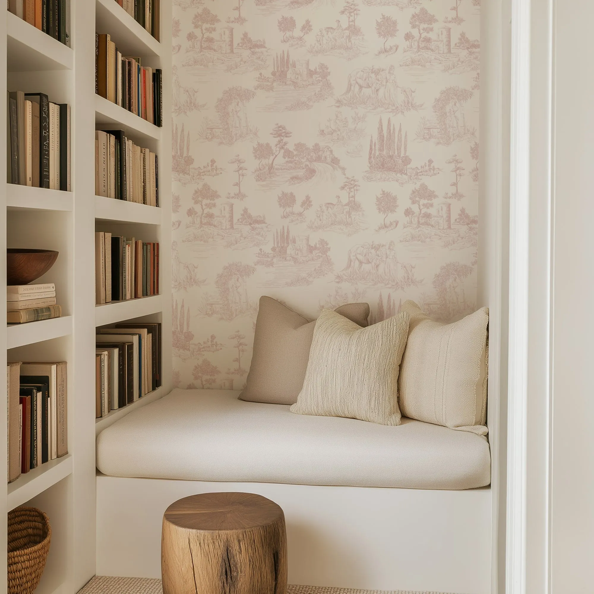 Pastoral Romance – Pale Pink Toile Landscape Wallpaper