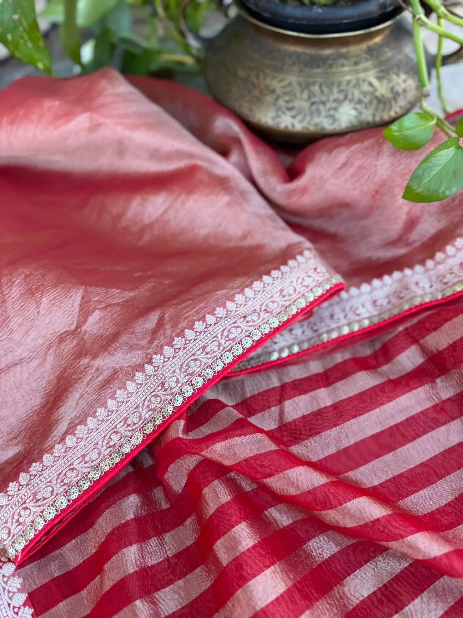 Red crushed embroidered tissue silk paired with a velvet blouse