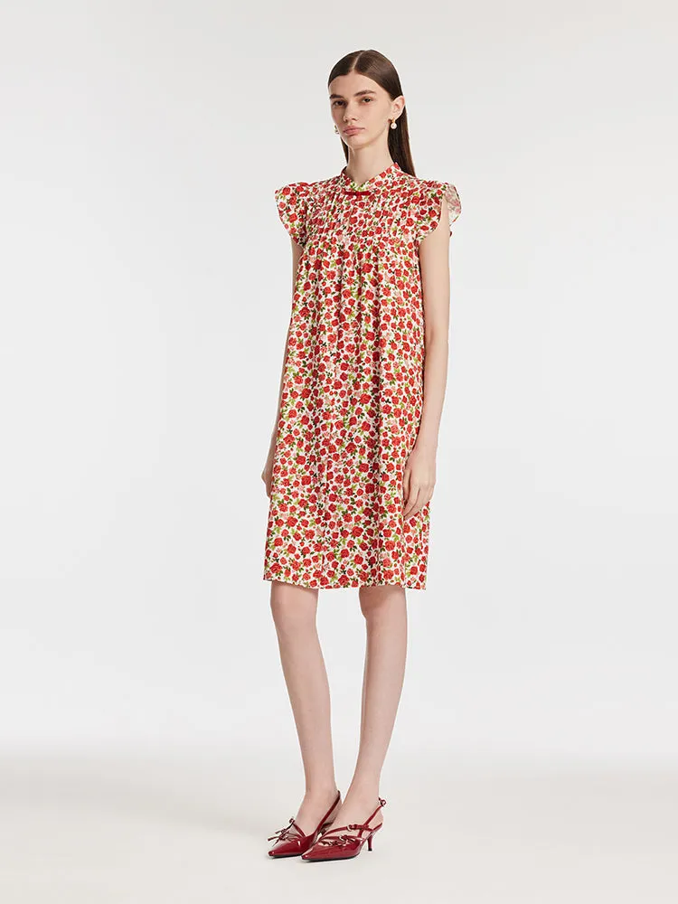 Rose Print Ruffle Sleeves Mandarin Collared Women Mini Dress