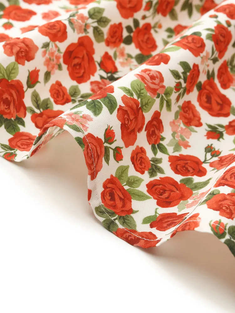 Rose Print Ruffle Sleeves Mandarin Collared Women Mini Dress