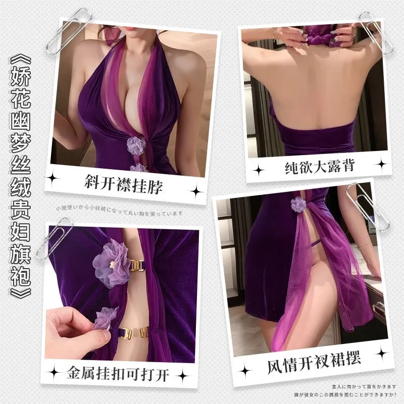 Sexy Halter Neck Backless Velvet Cheongsam Dress Slim Fit Bodycon Short Dress Pure Desire High-end Waist Dress