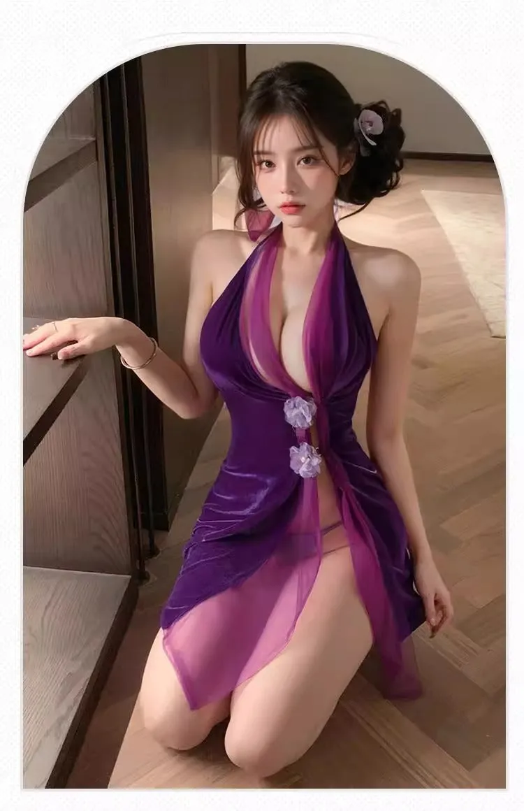 Sexy Halter Neck Backless Velvet Cheongsam Dress Slim Fit Bodycon Short Dress Pure Desire High-end Waist Dress