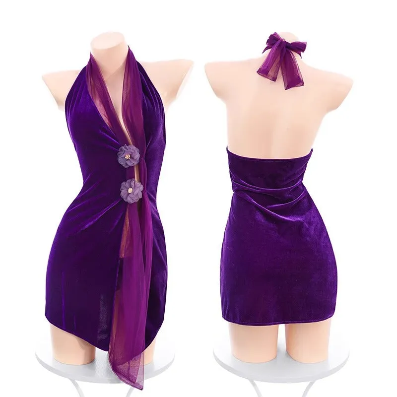 Sexy Halter Neck Backless Velvet Cheongsam Dress Slim Fit Bodycon Short Dress Pure Desire High-end Waist Dress