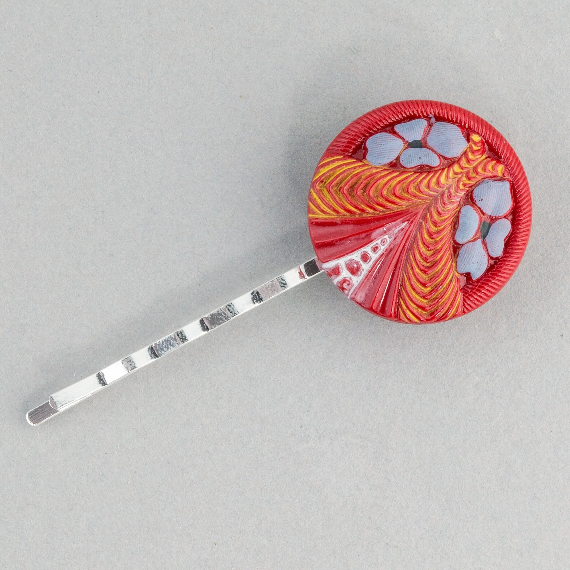 Vintage Czech pressed glass button made into a hair pin. One of a kind. ac-h-200