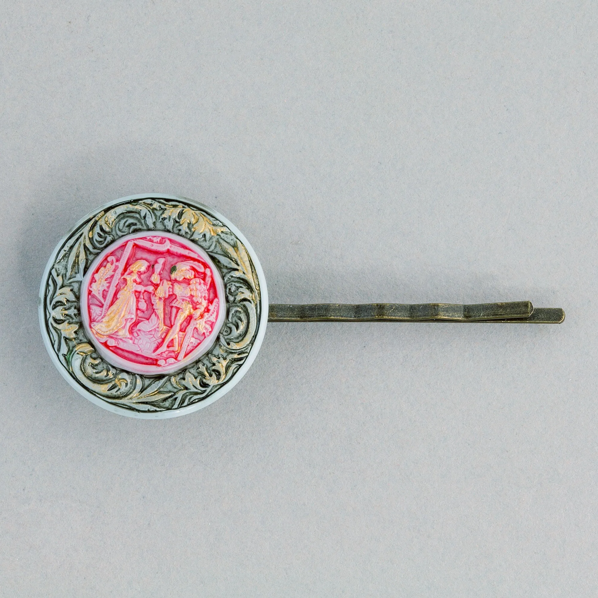 Vintage Czech pressed glass button made into a  hair pin. One of a kind. ac-h-203