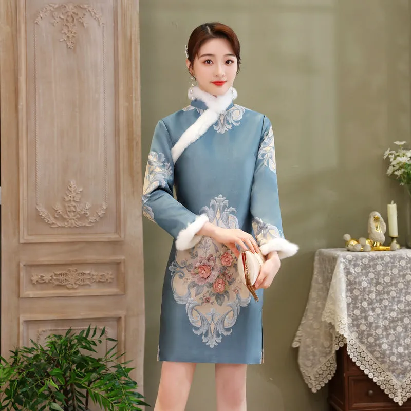 Winter Women's New Improved Brocade Jacquard Silk Flower Cheongsam Dress